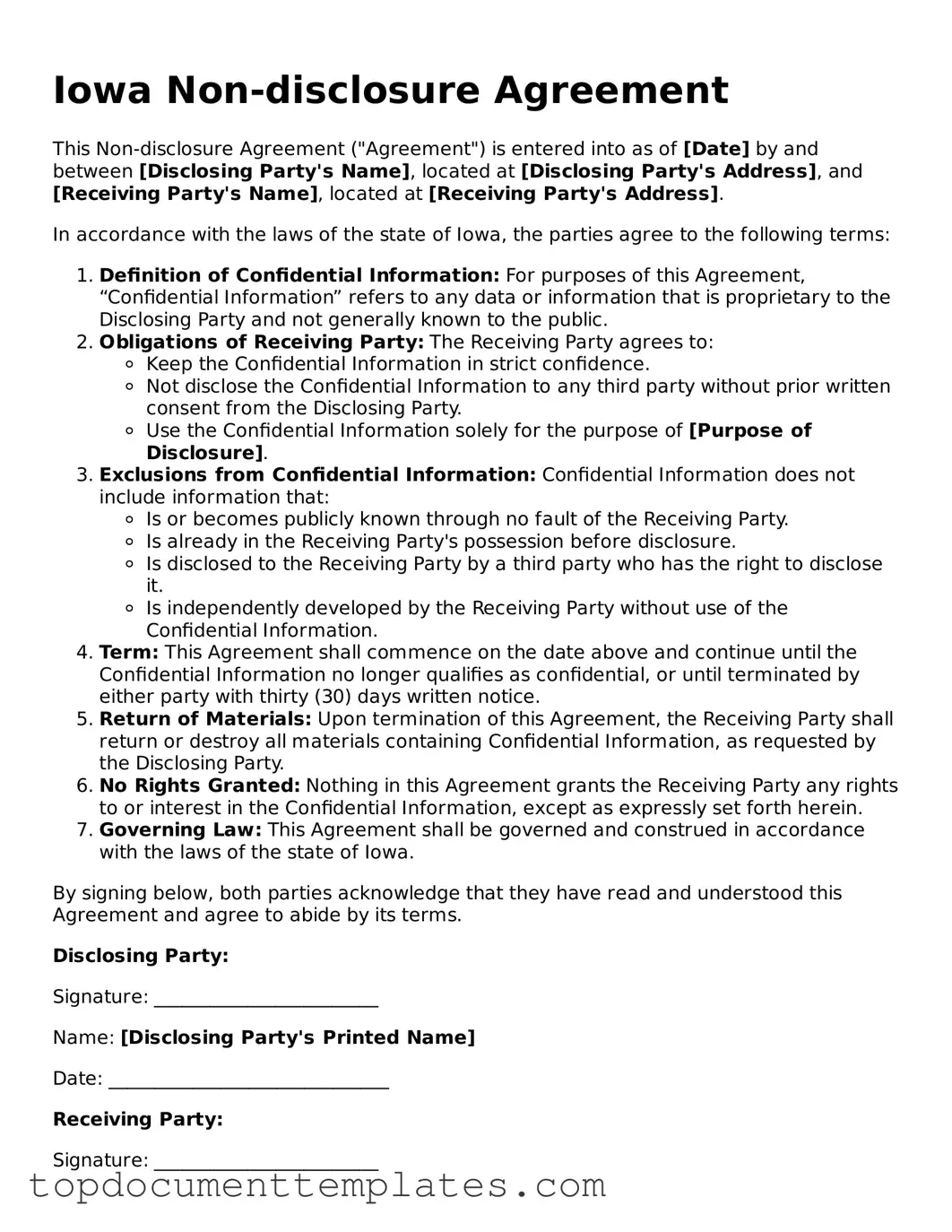 Valid Non-disclosure Agreement Form for Iowa State