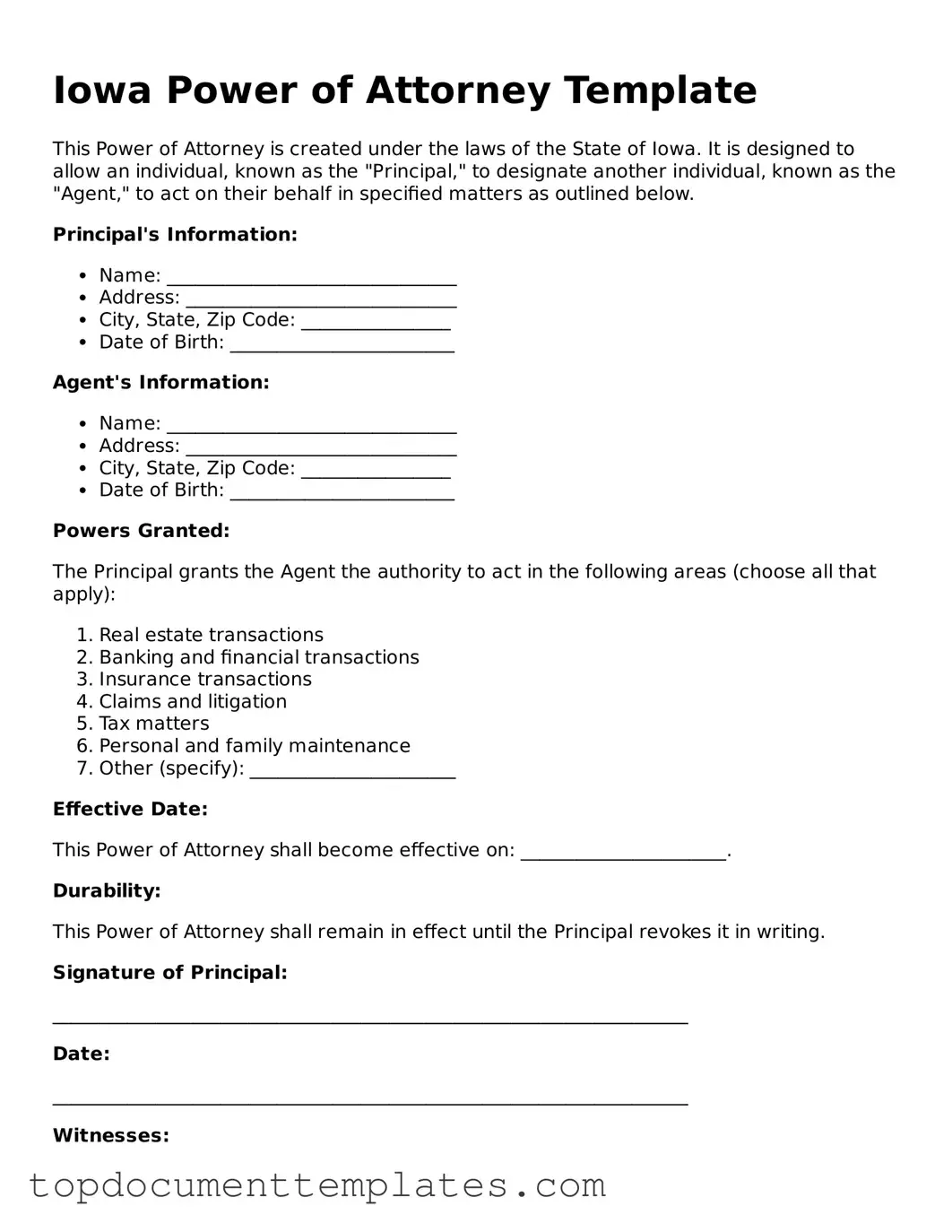 Valid Power of Attorney Form for Iowa State