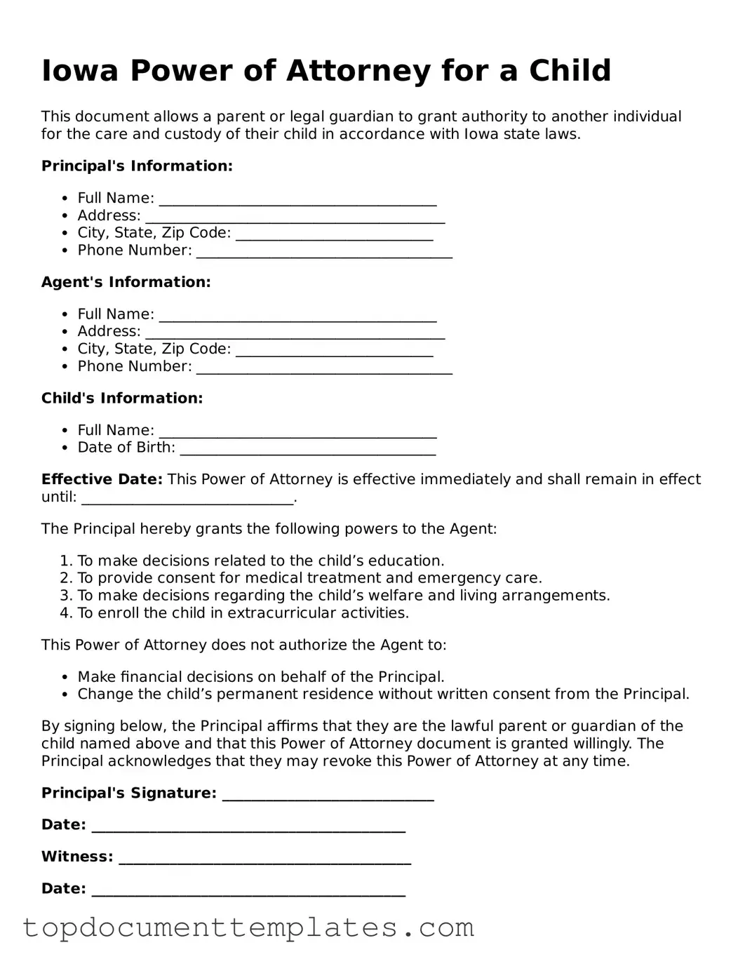 Valid Power of Attorney for a Child Form for Iowa State