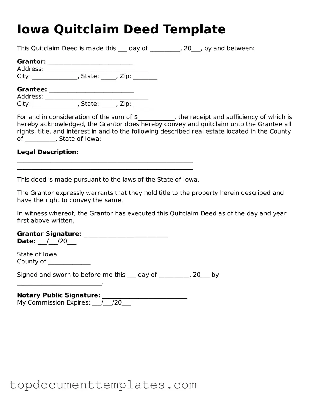 Valid Quitclaim Deed Form for Iowa State
