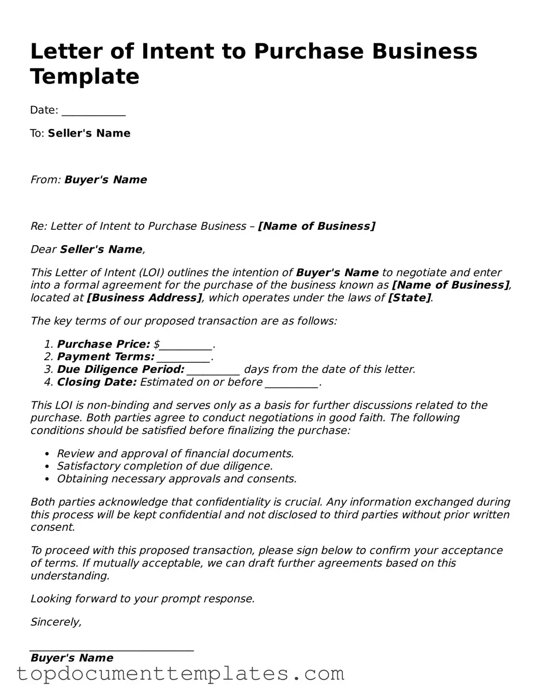 Official Letter of Intent to Purchase Business Template