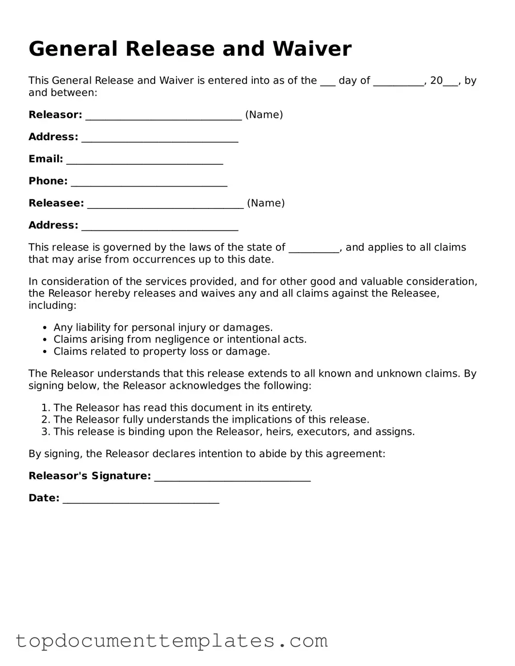 Official General Release and Waiver Template