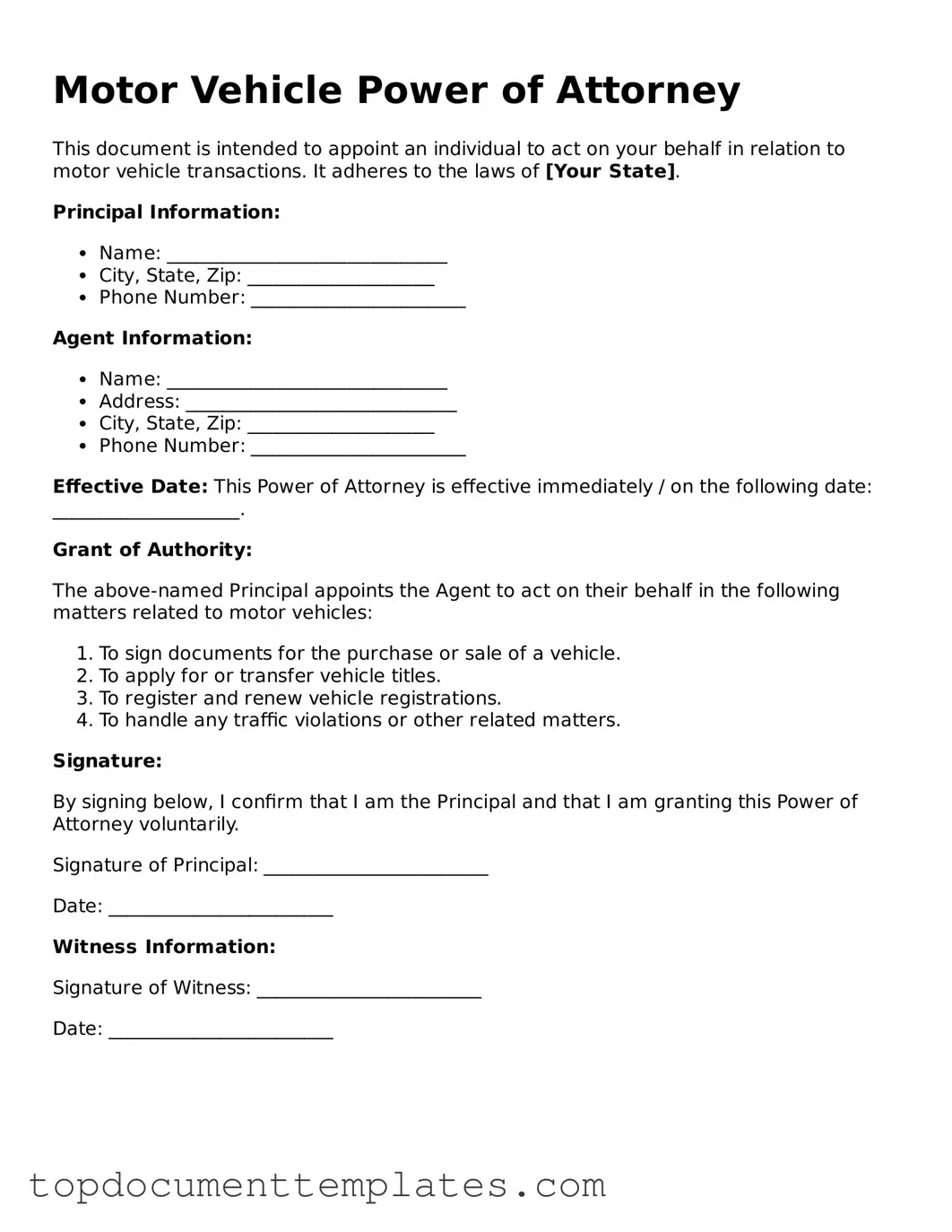 Official Motor Vehicle Power of Attorney Template