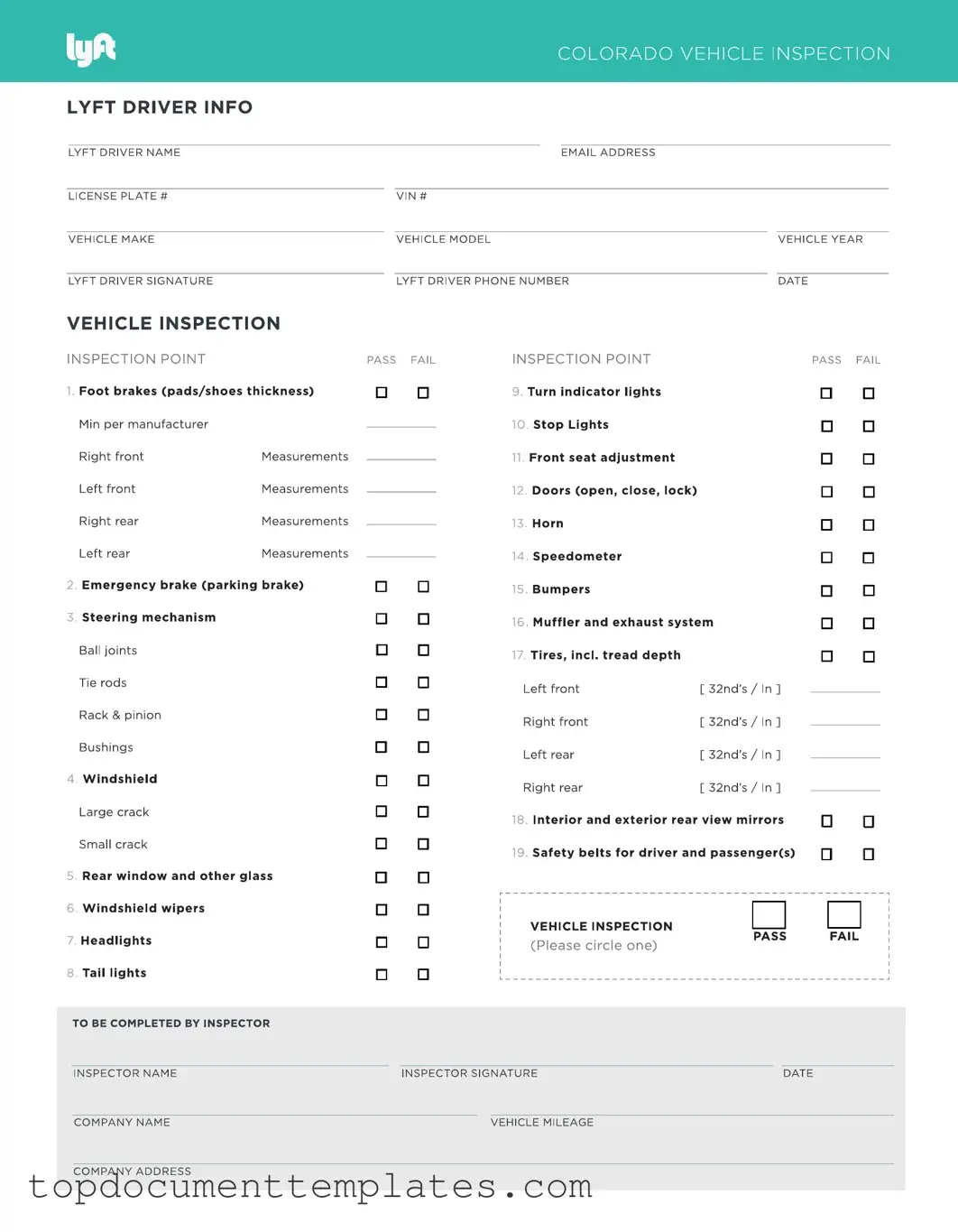 Blank Lyft Inspection PDF Form