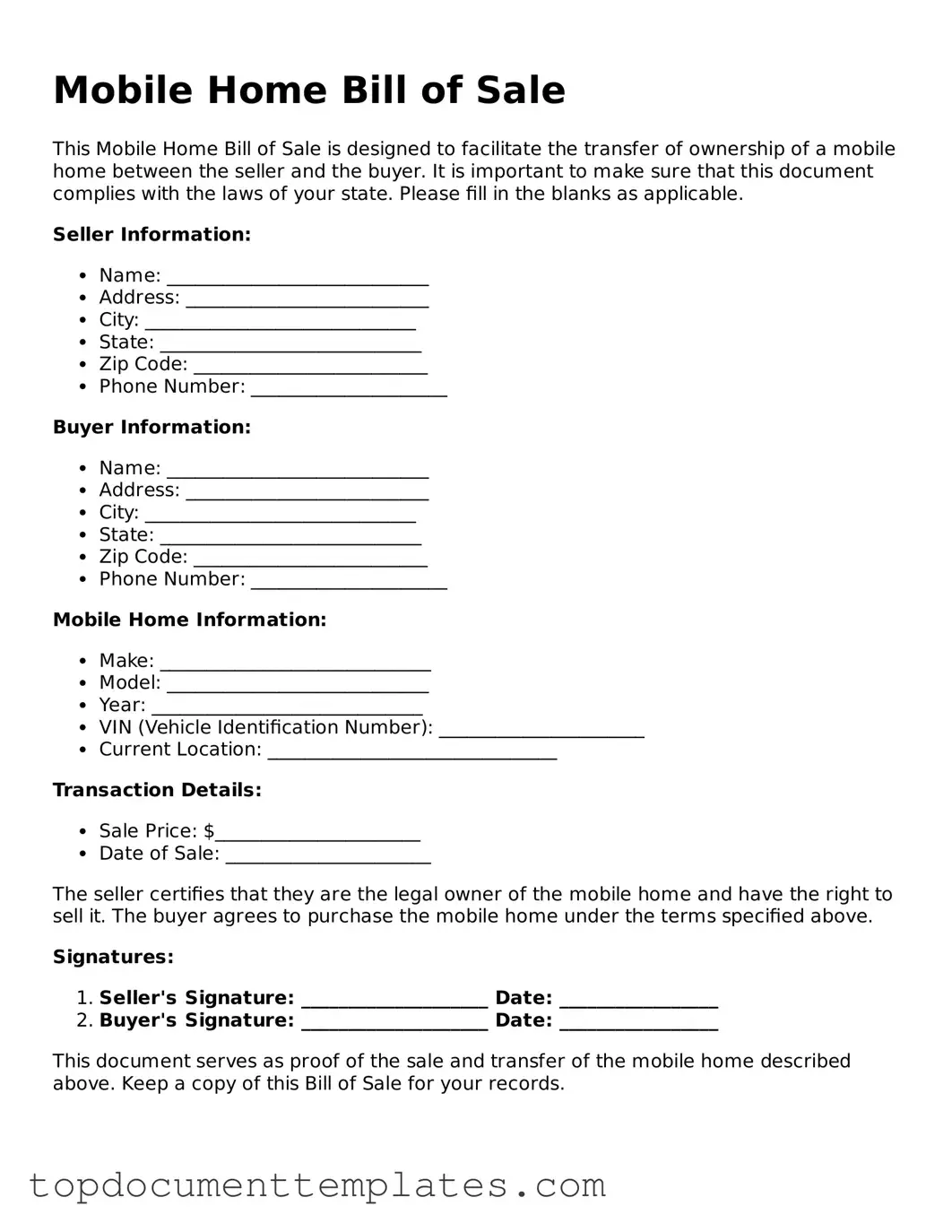 Official Mobile Home Bill of Sale Template