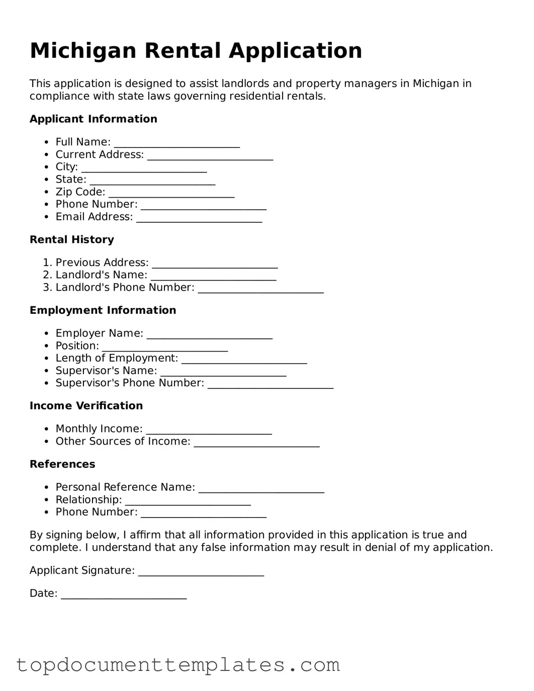 Valid Rental Application Form for Michigan State