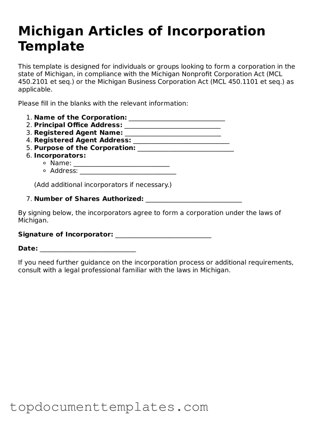 Valid Articles of Incorporation Form for Michigan State