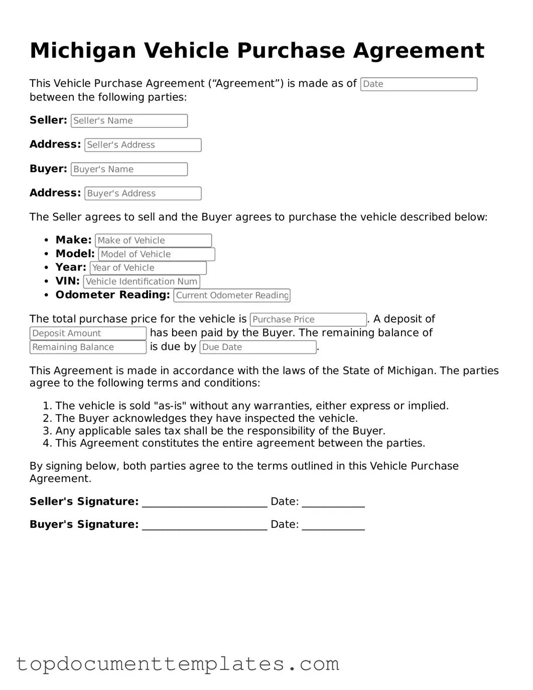 Valid Vehicle Purchase Agreement Form for Michigan State
