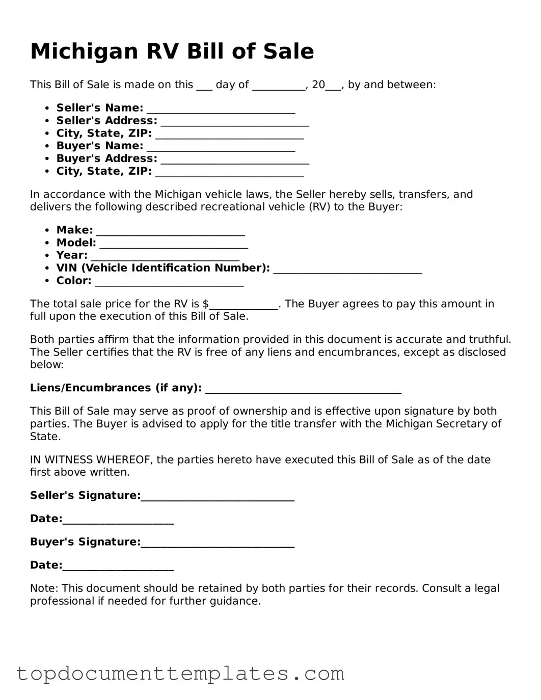 Valid RV Bill of Sale Form for Michigan State