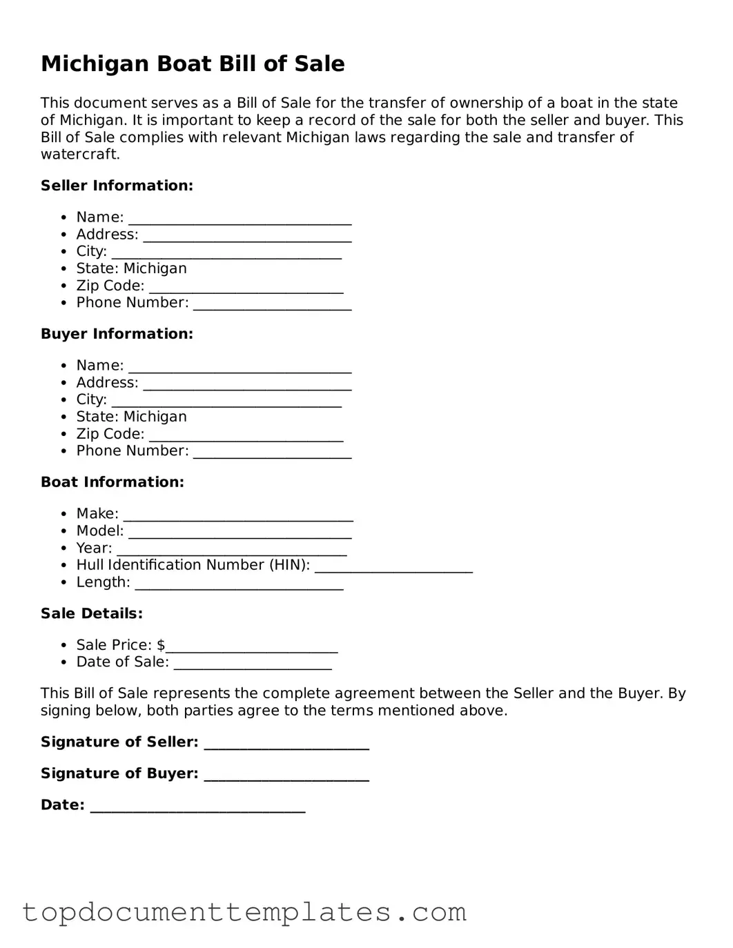 Valid Boat Bill of Sale Form for Michigan State