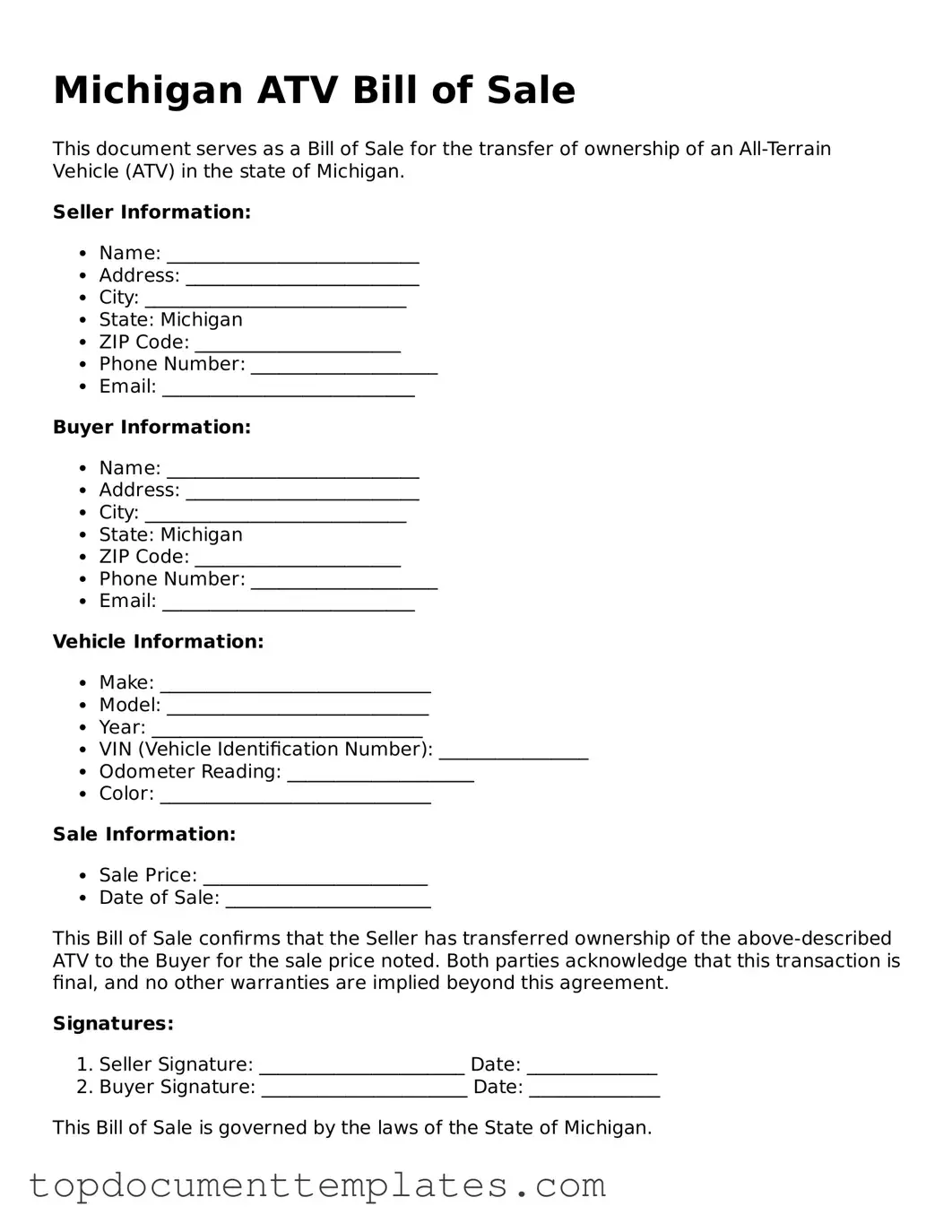 Valid ATV Bill of Sale Form for Michigan State