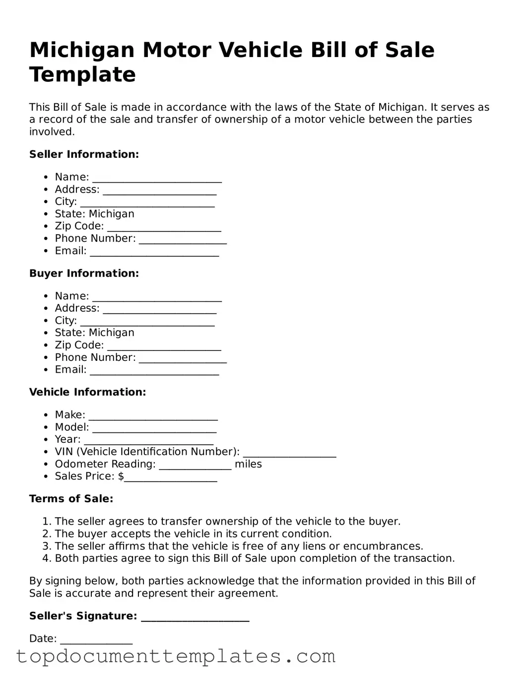 Valid Motor Vehicle Bill of Sale Form for Michigan State