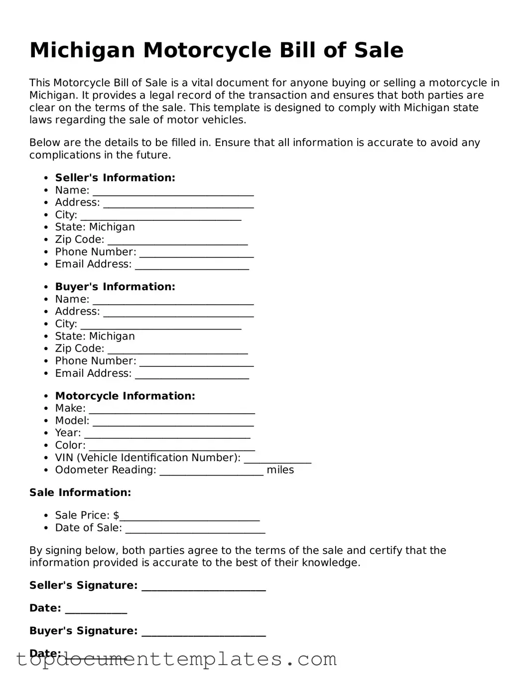Valid Motorcycle Bill of Sale Form for Michigan State