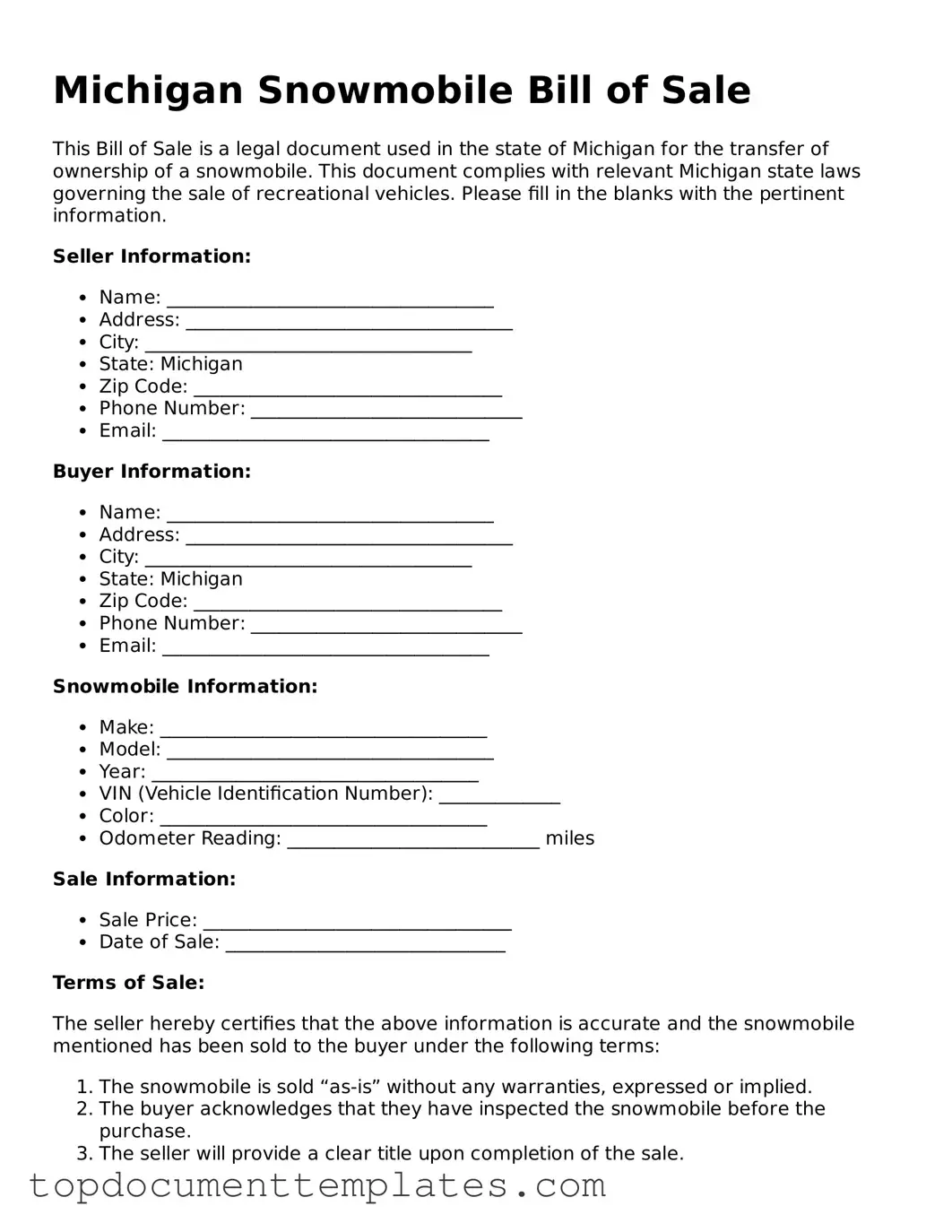 Valid Snowmobile Bill of Sale Form for Michigan State