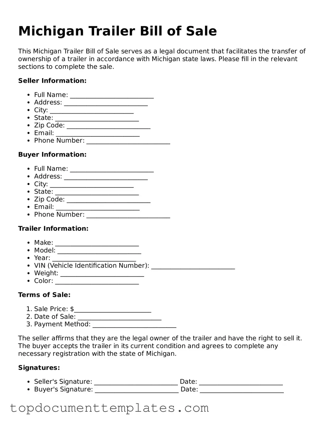 Valid Trailer Bill of Sale Form for Michigan State