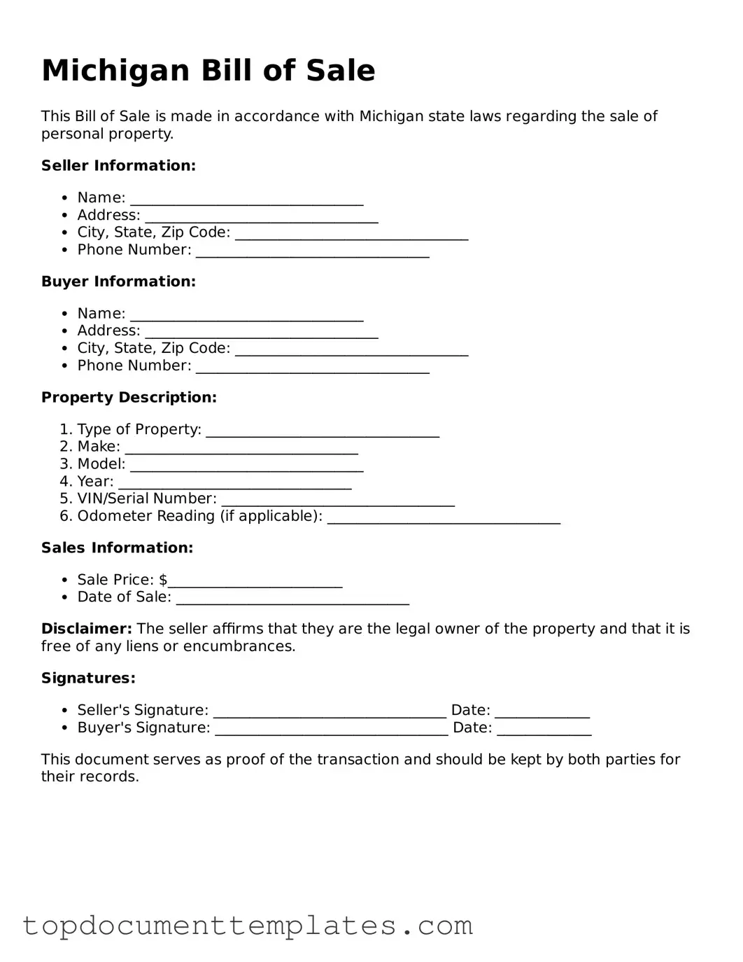 Valid Bill of Sale Form for Michigan State