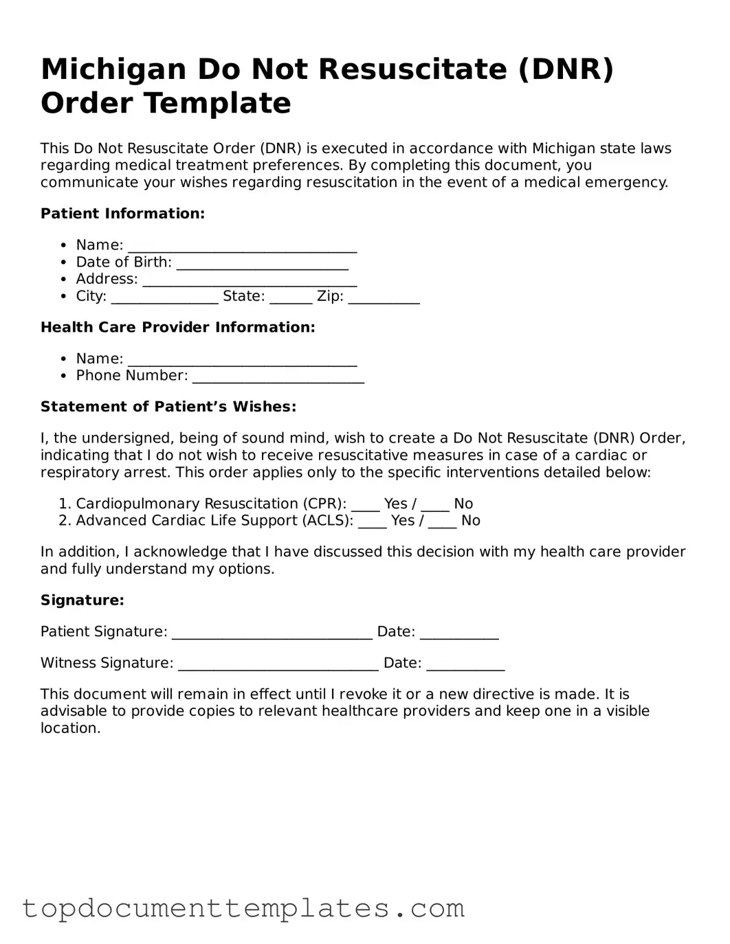 Valid Do Not Resuscitate Order Form for Michigan State