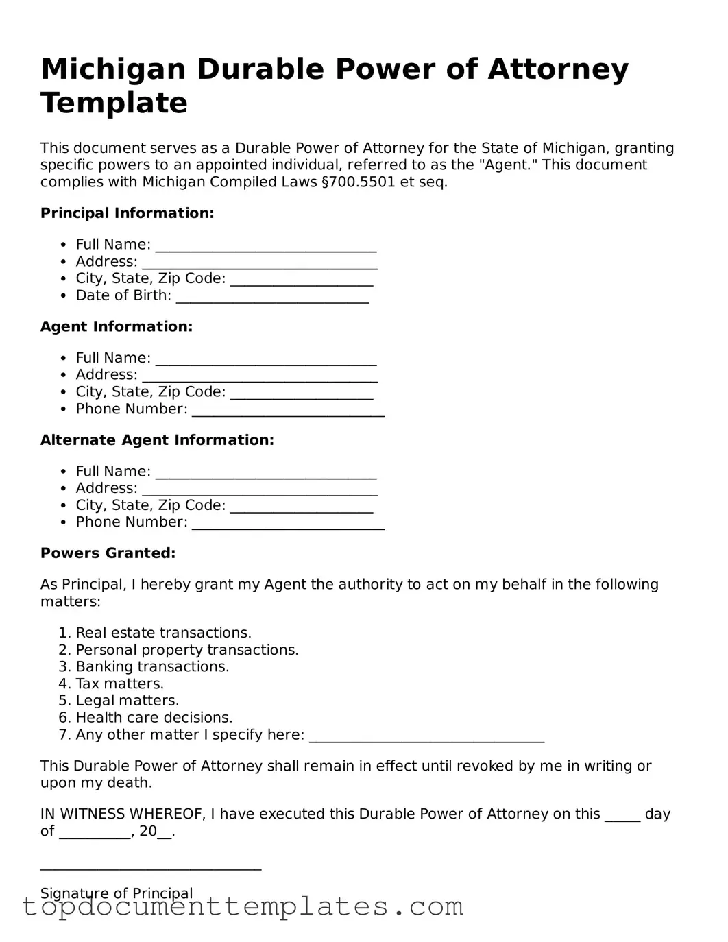 Valid Durable Power of Attorney Form for Michigan State