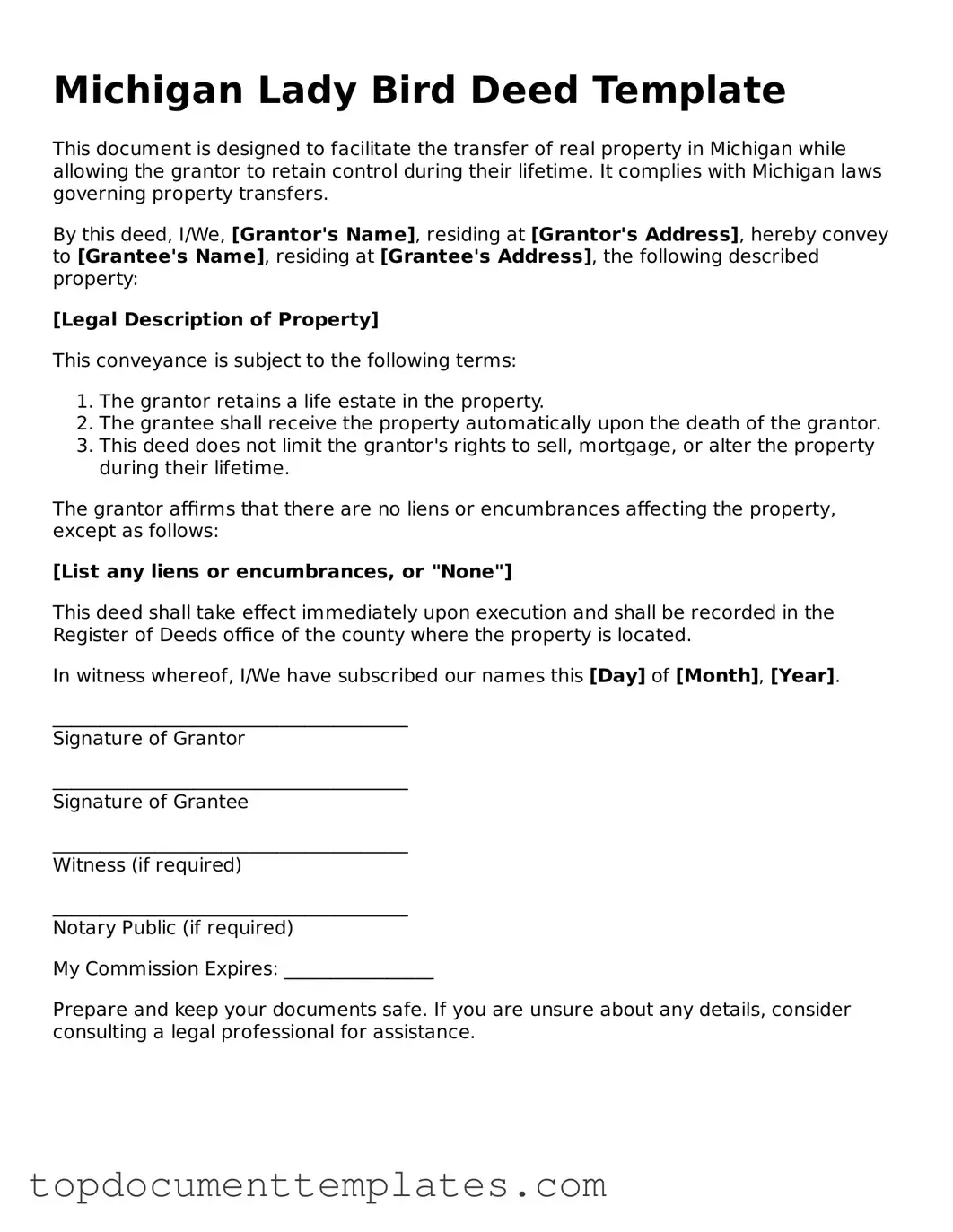 Valid Lady Bird Deed Form for Michigan State