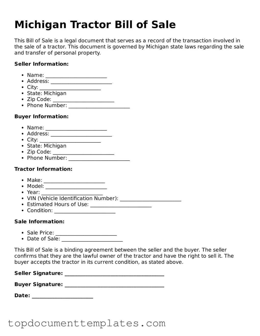 Valid Tractor Bill of Sale Form for Michigan State