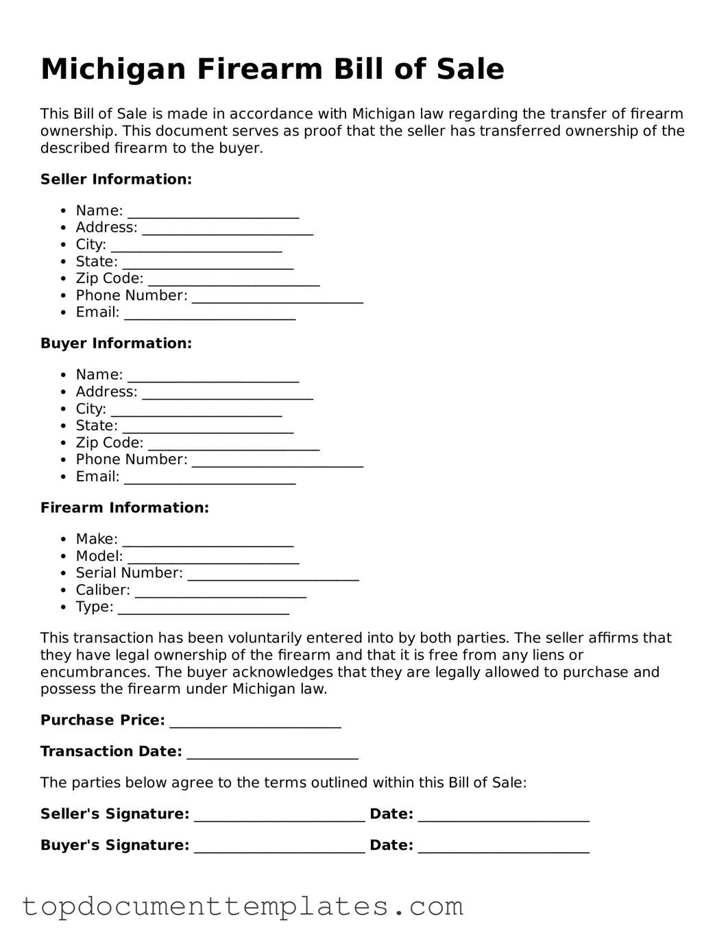 Valid Firearm Bill of Sale Form for Michigan State