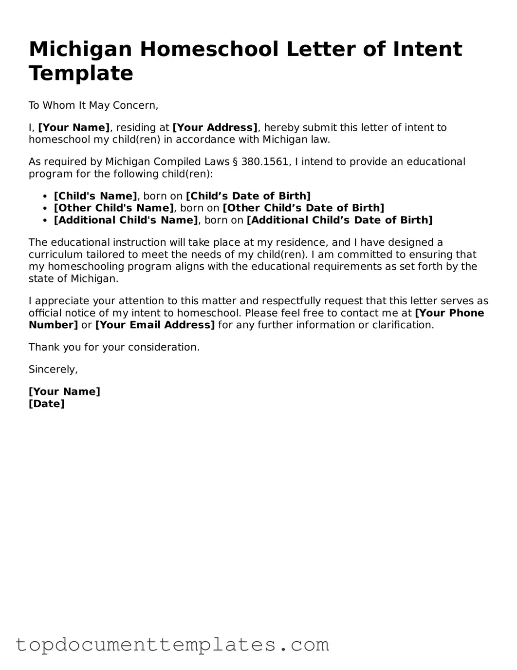 Valid Homeschool Letter of Intent Form for Michigan State