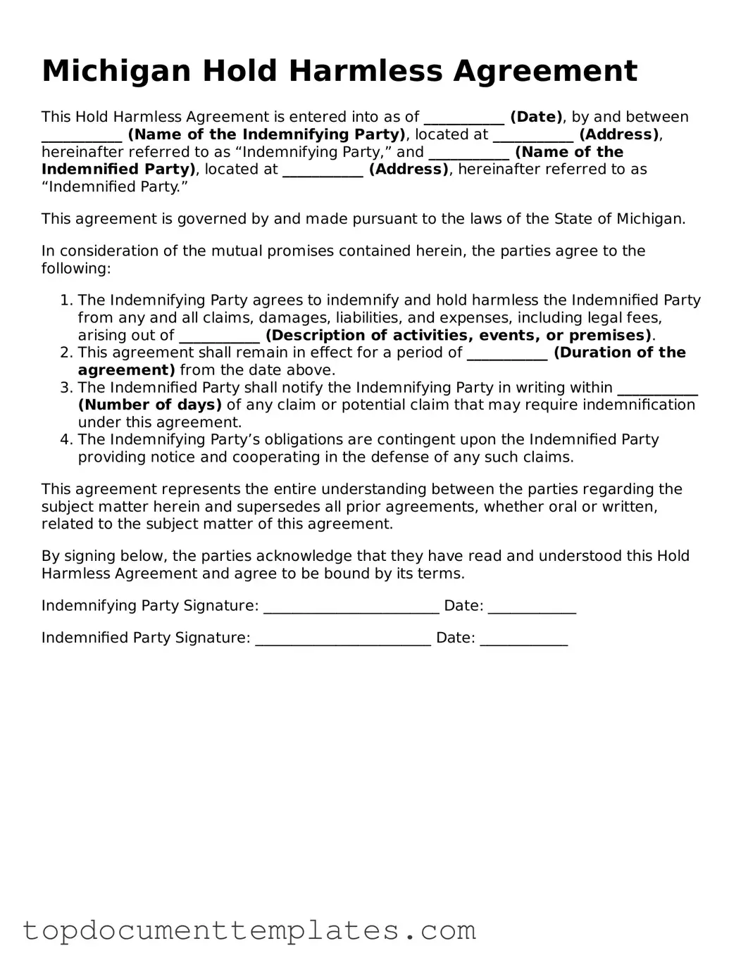 Valid Hold Harmless Agreement Form for Michigan State