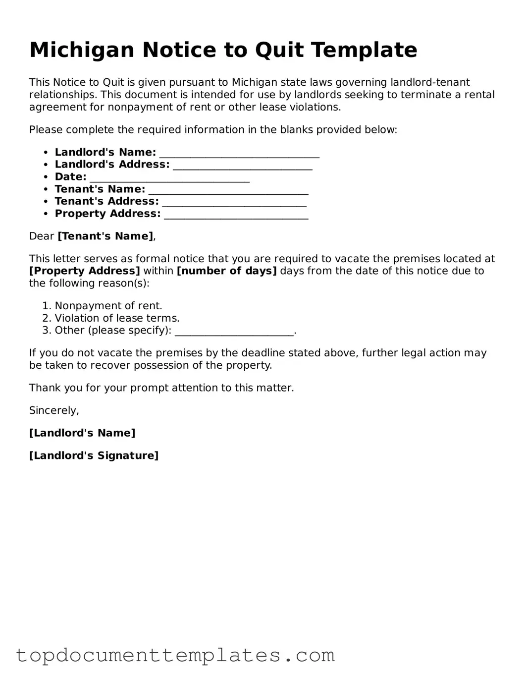 Valid Notice to Quit Form for Michigan State