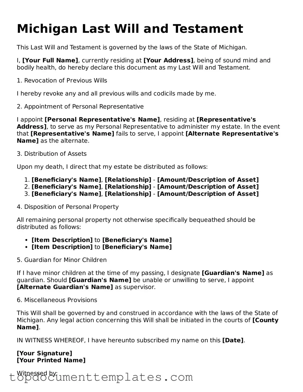 Valid Last Will and Testament Form for Michigan State