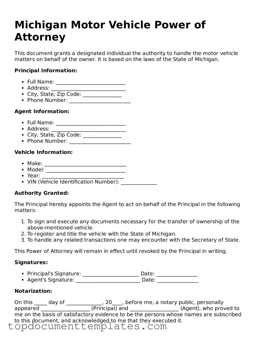 Valid Motor Vehicle Power of Attorney Form for Michigan State