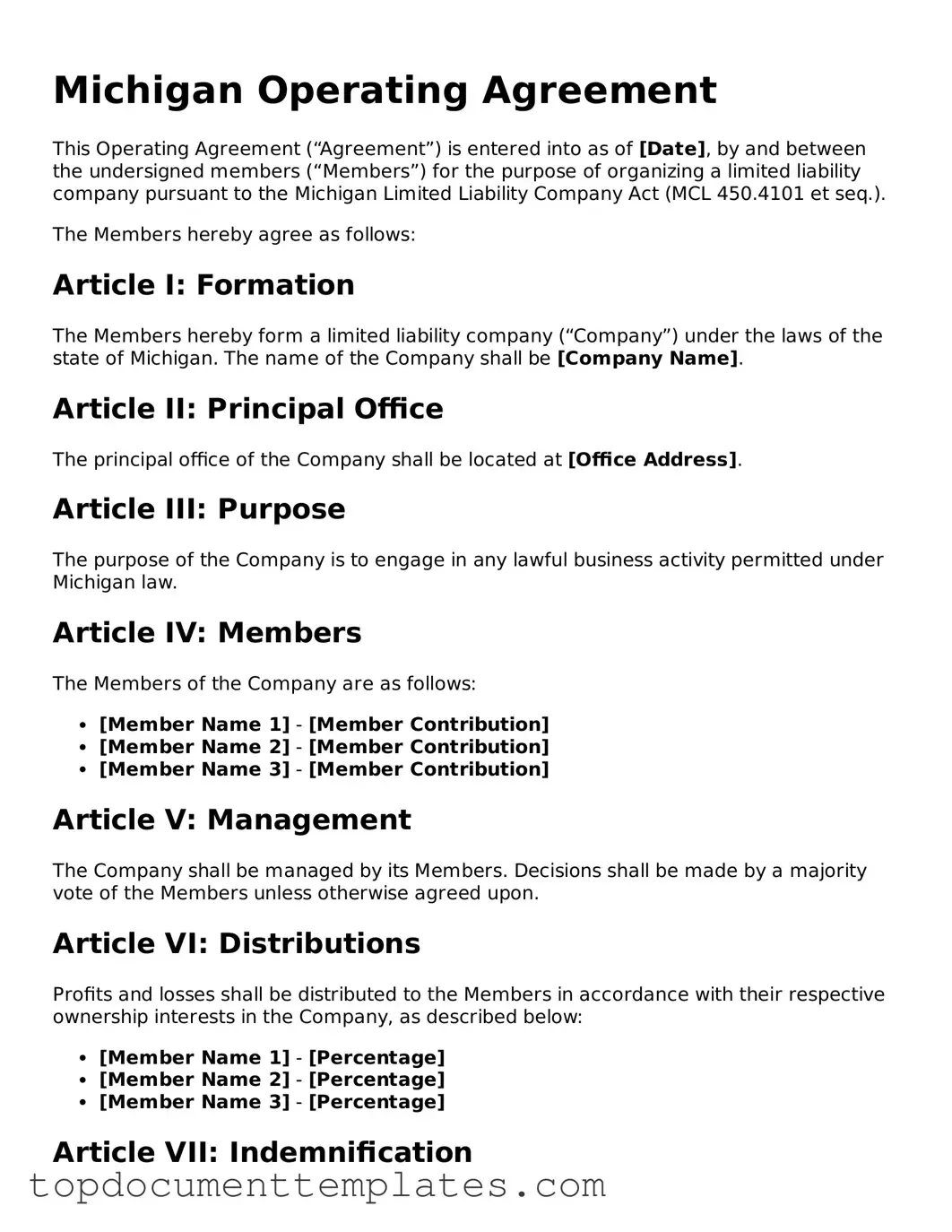 Valid Operating Agreement Form for Michigan State