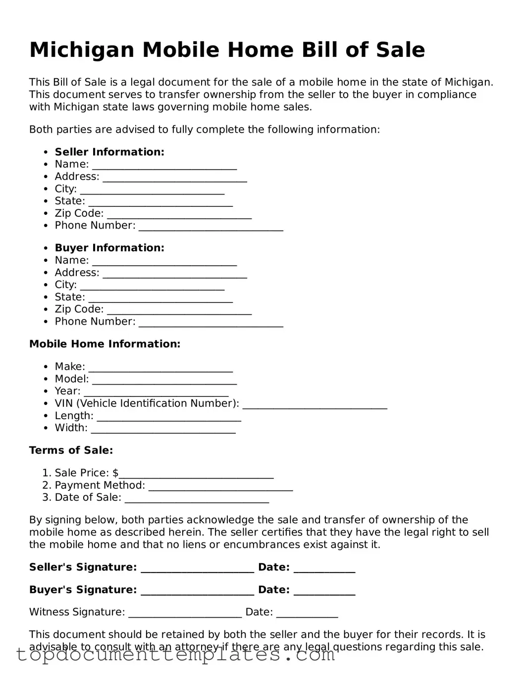 Valid Mobile Home Bill of Sale Form for Michigan State