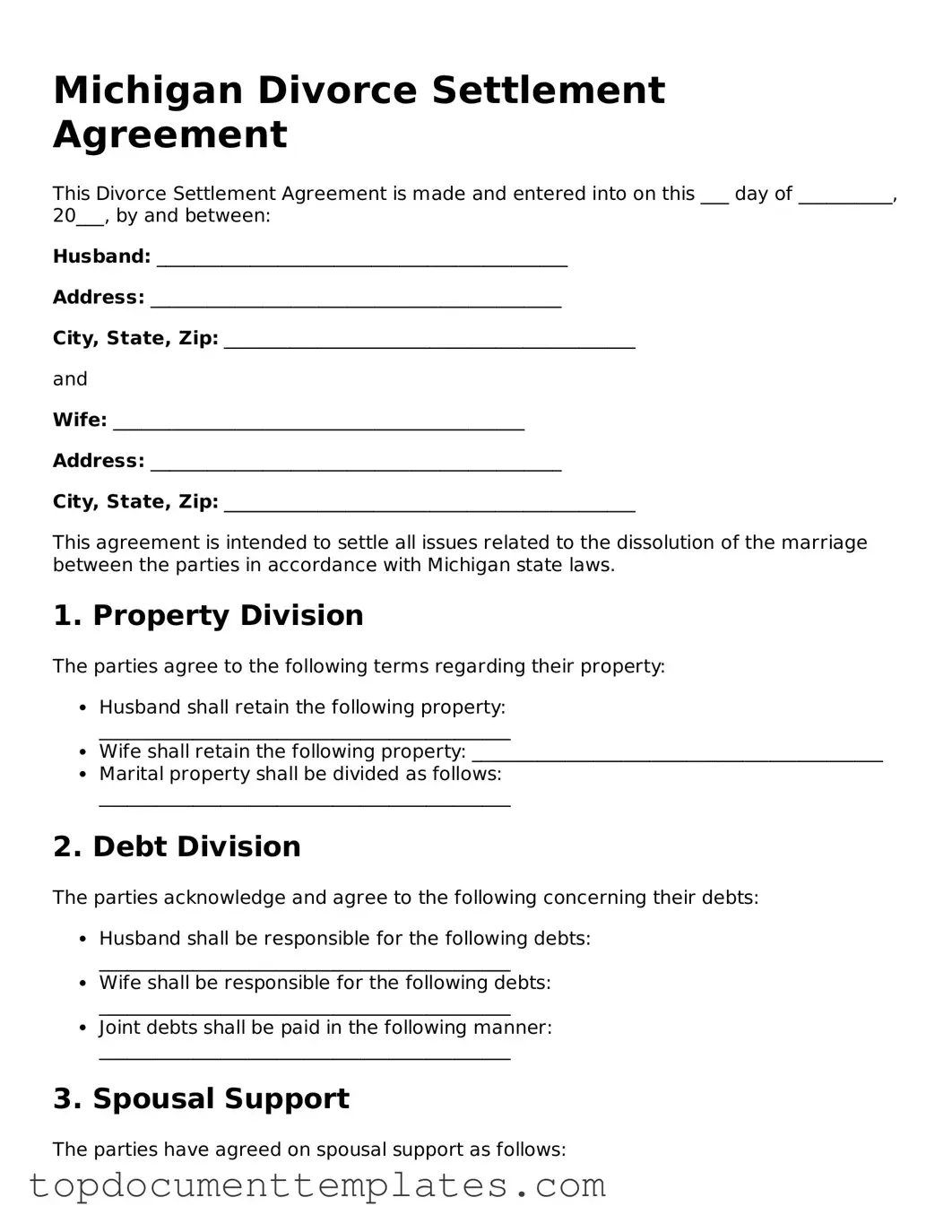 Valid Divorce Settlement Agreement Form for Michigan State