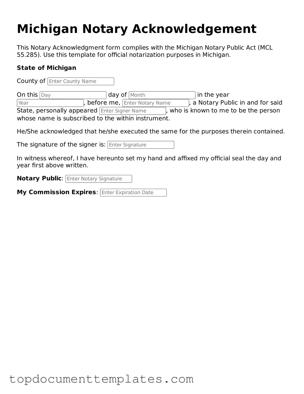 Valid Notary Acknowledgement Form for Michigan State