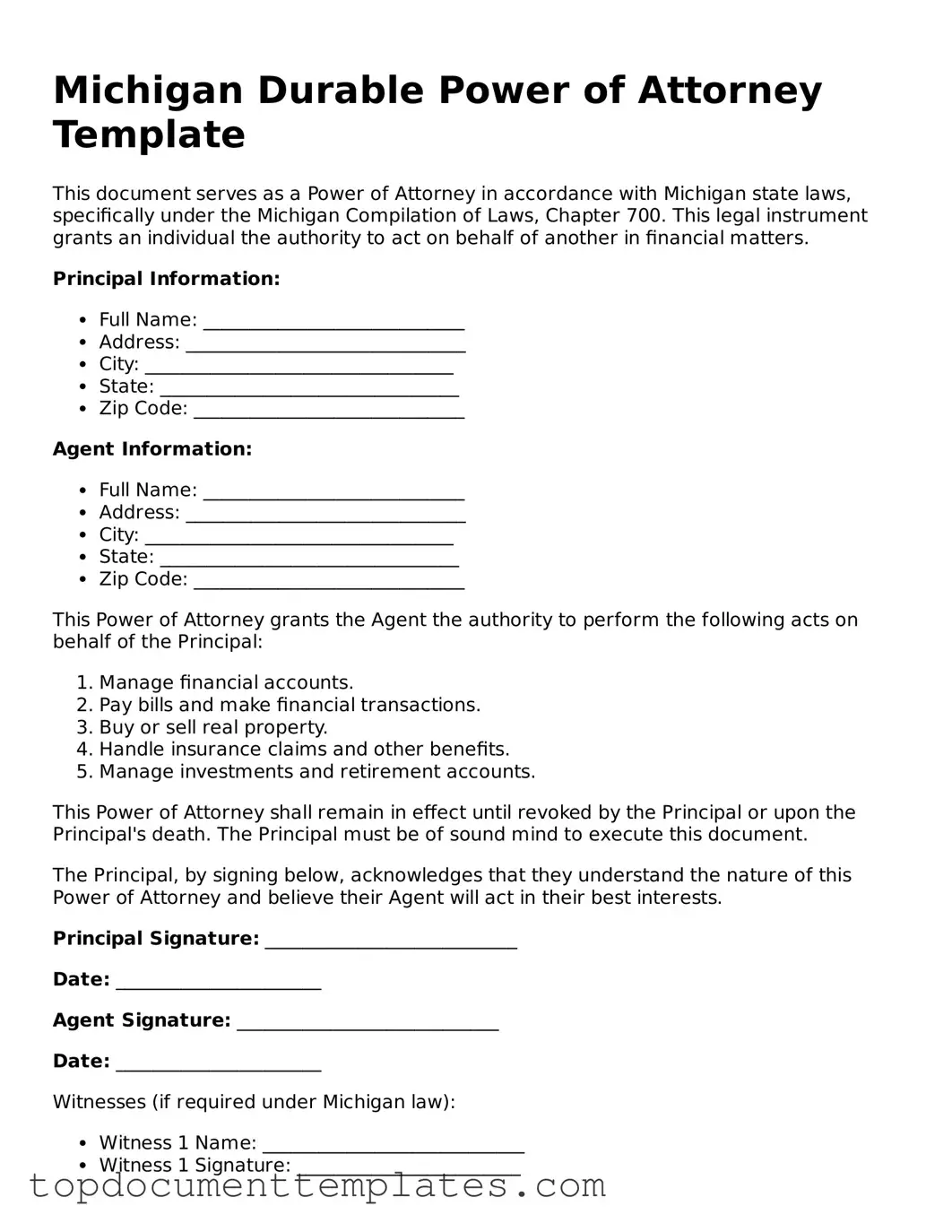Valid Power of Attorney Form for Michigan State