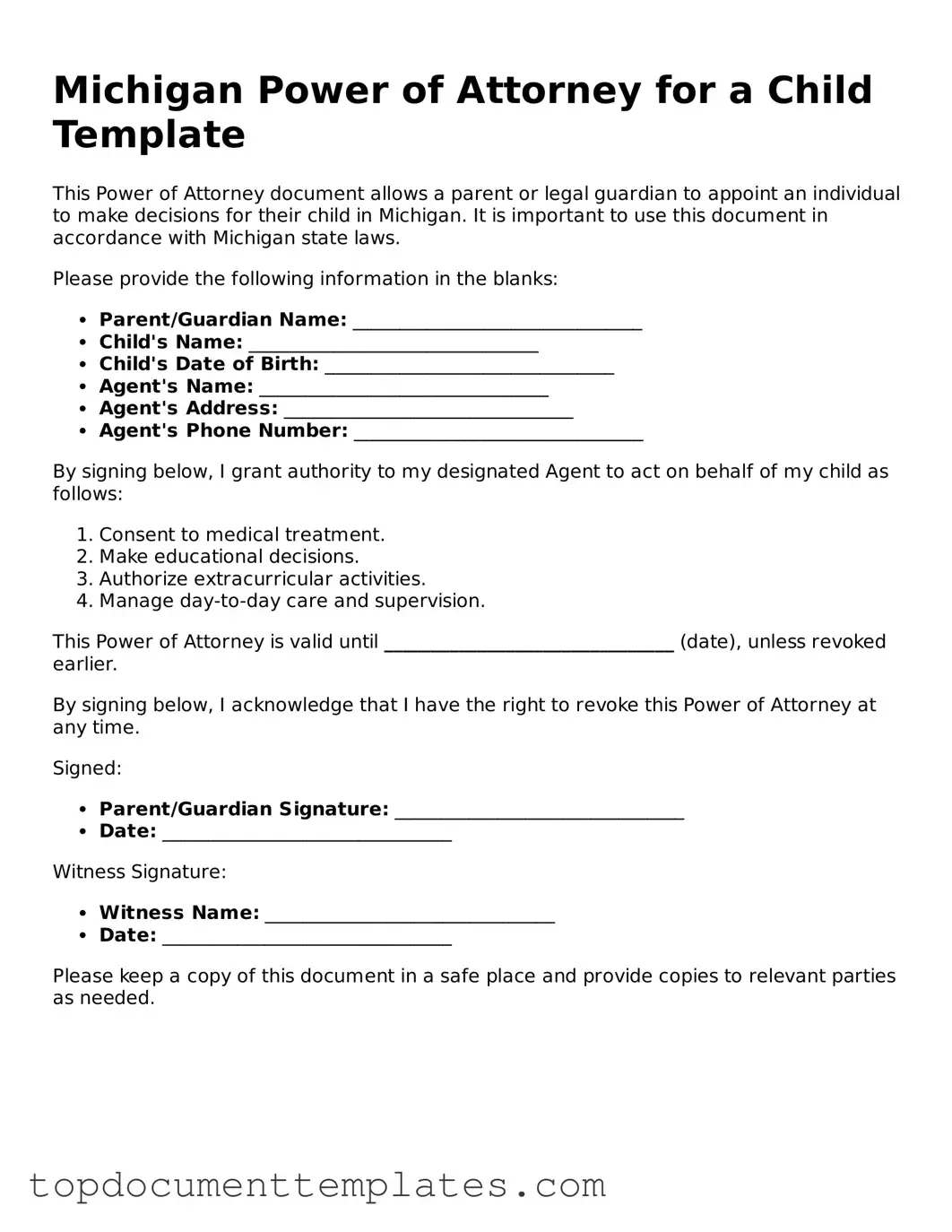 Valid Power of Attorney for a Child Form for Michigan State