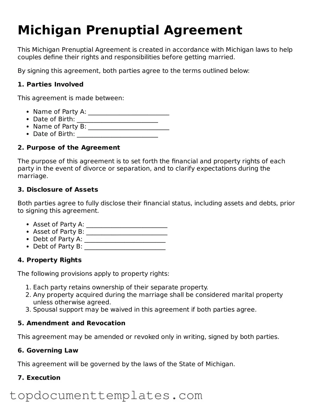 Valid Prenuptial Agreement Form for Michigan State