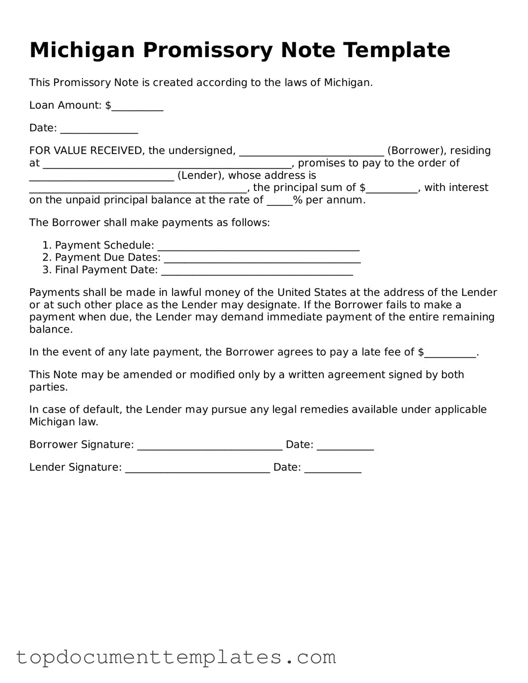 Valid Promissory Note Form for Michigan State