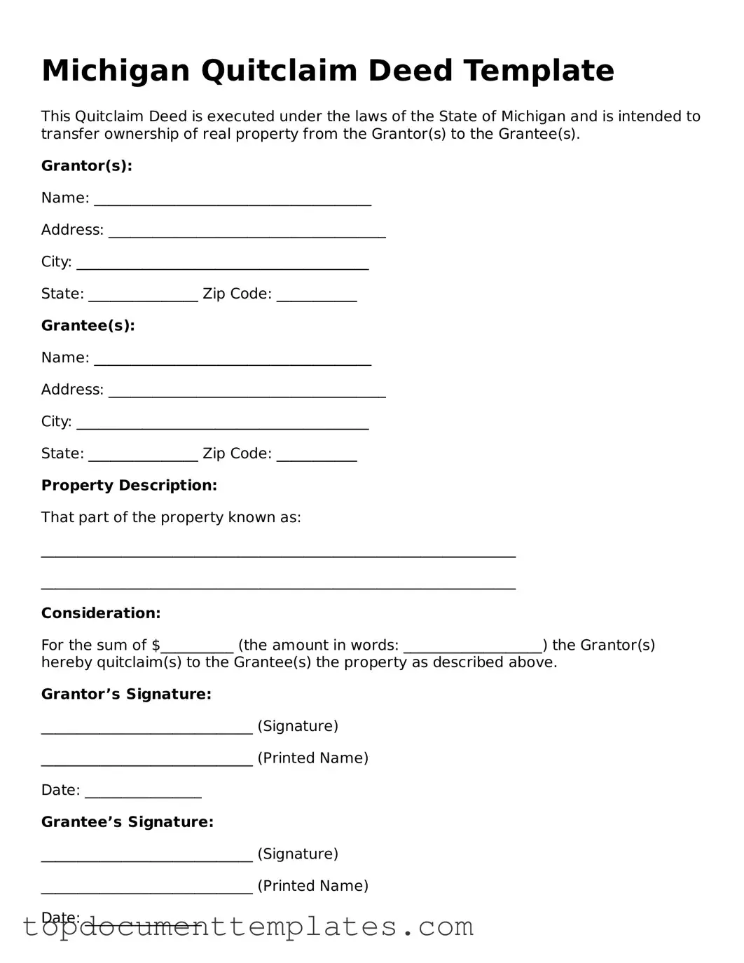Valid Quitclaim Deed Form for Michigan State