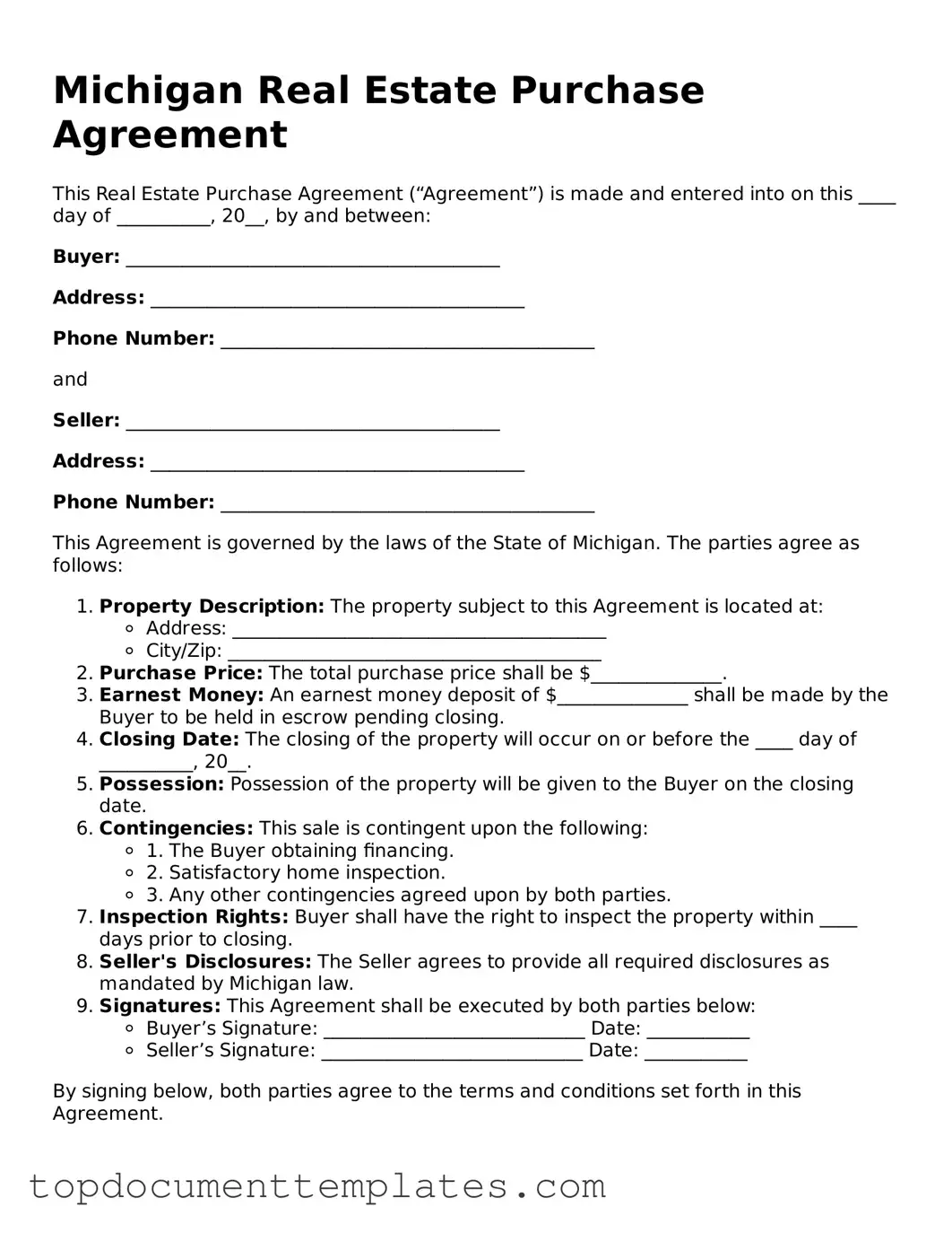 Valid Real Estate Purchase Agreement Form for Michigan State