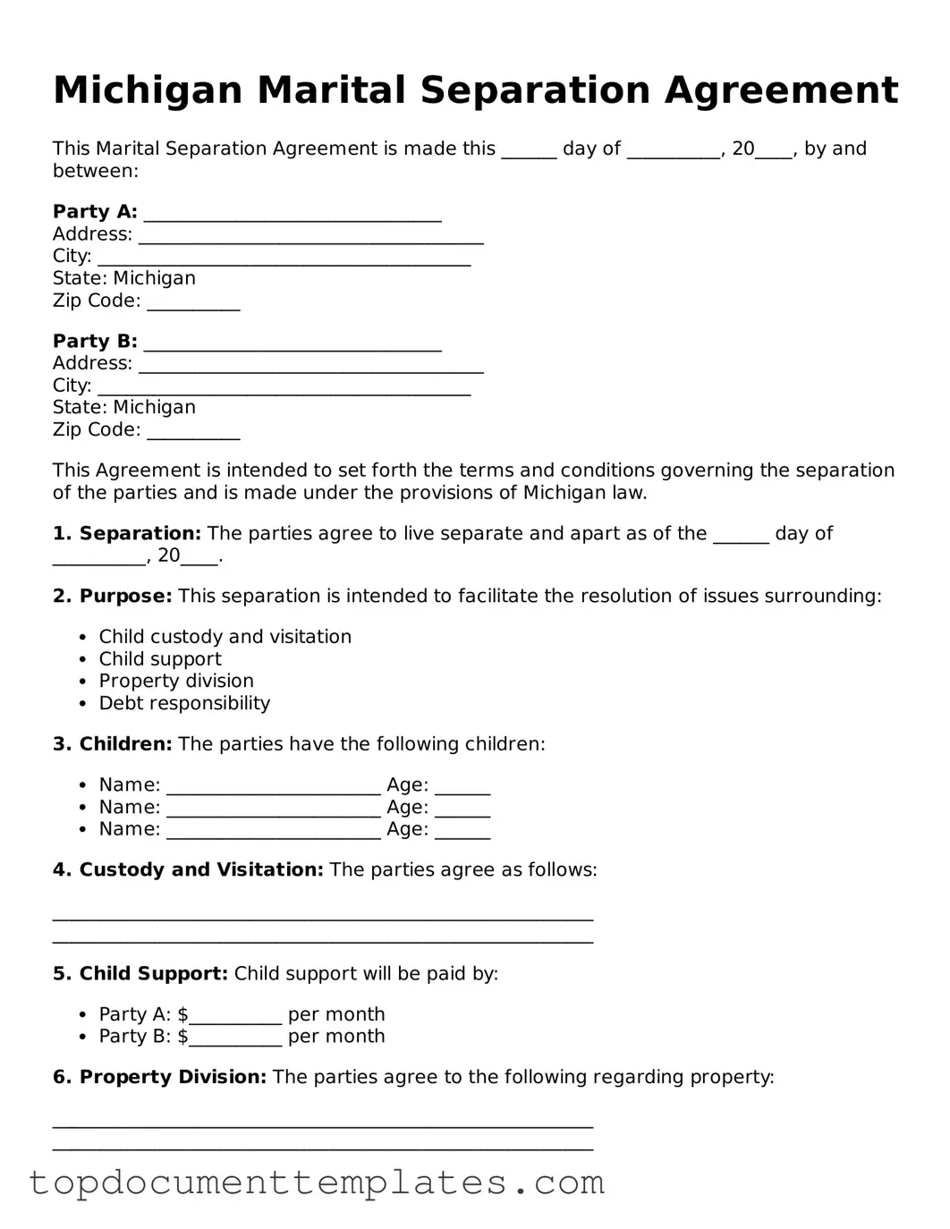 Valid Marital Separation Agreement Form for Michigan State
