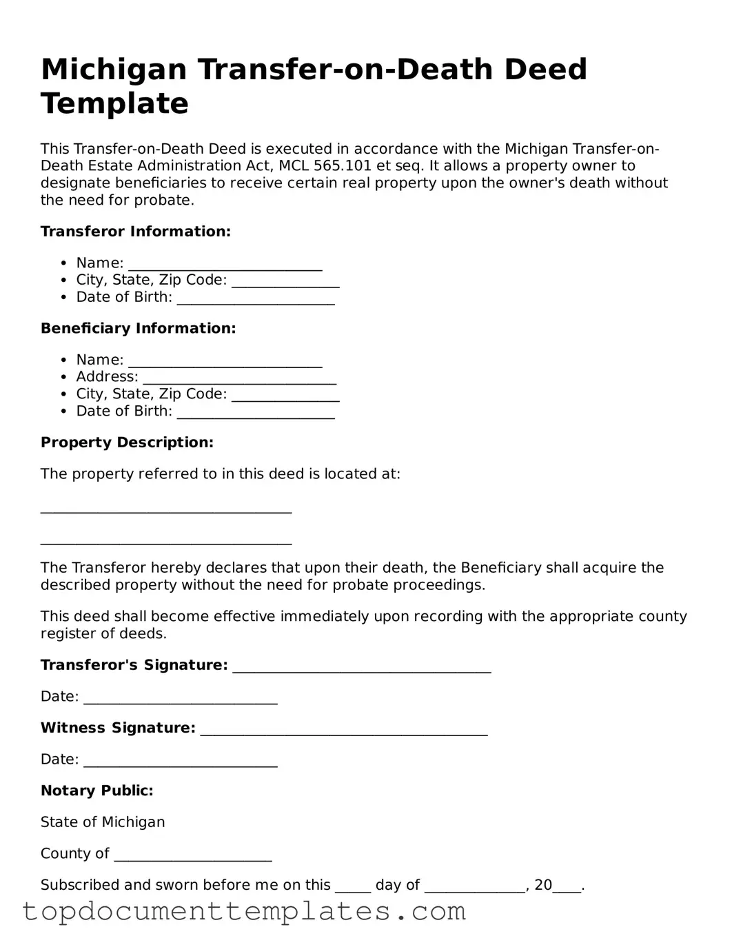 Valid Transfer-on-Death Deed Form for Michigan State