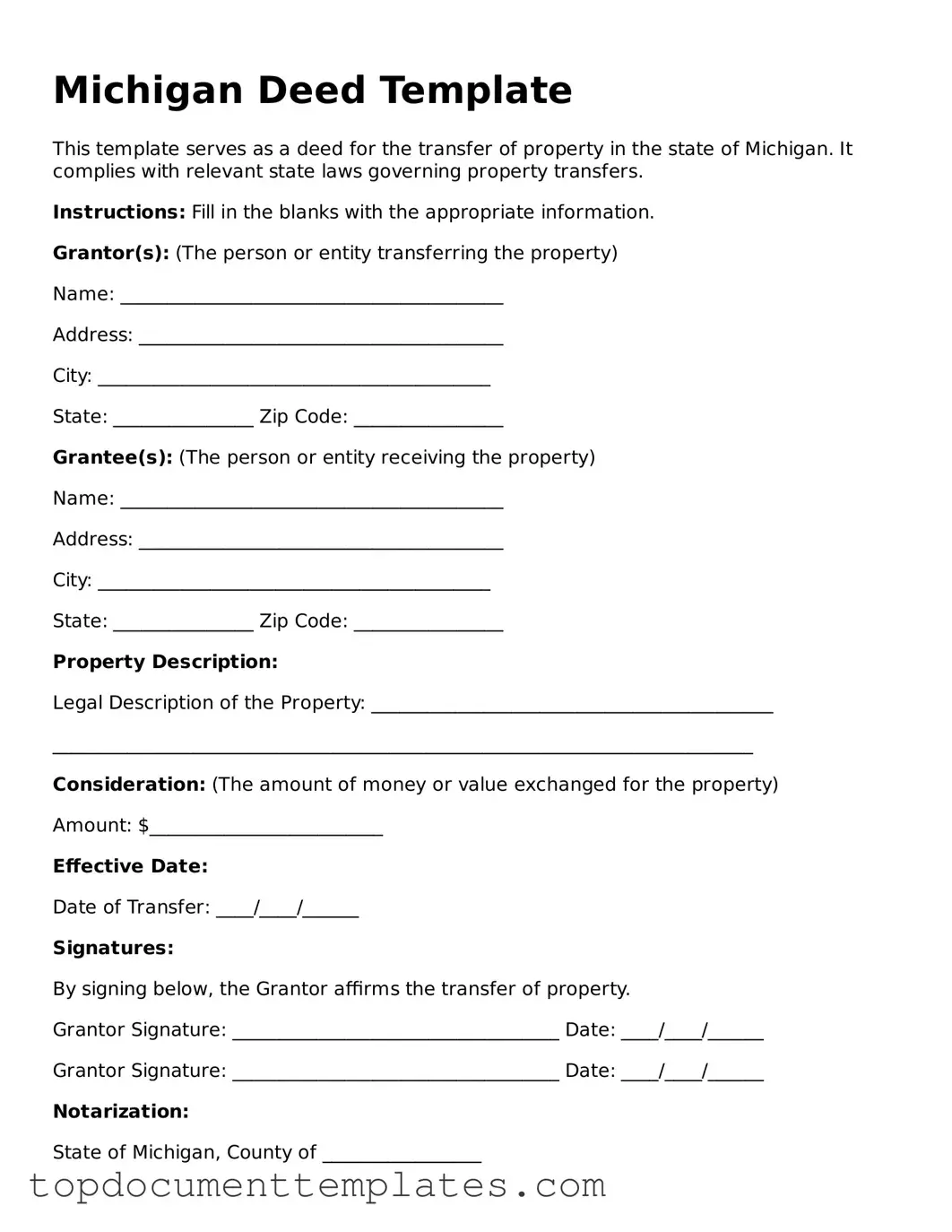 Valid Deed Form for Michigan State