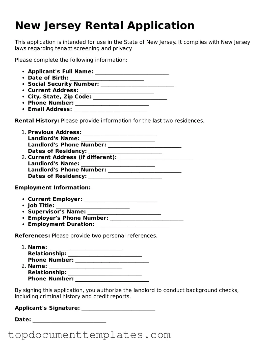 Valid Rental Application Form for New Jersey State