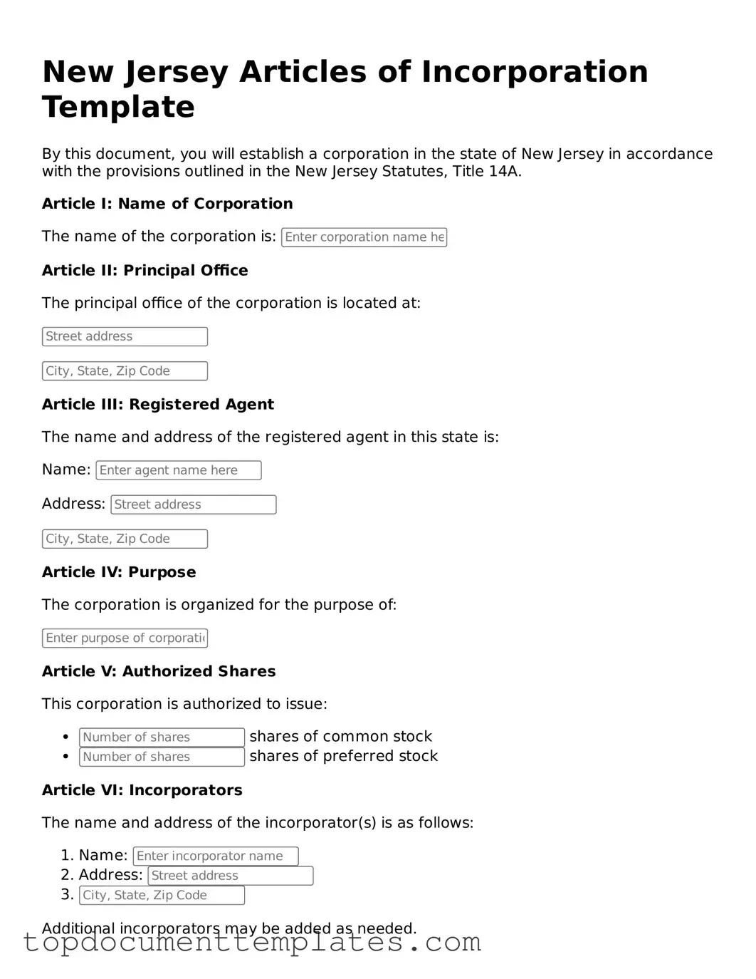Valid Articles of Incorporation Form for New Jersey State