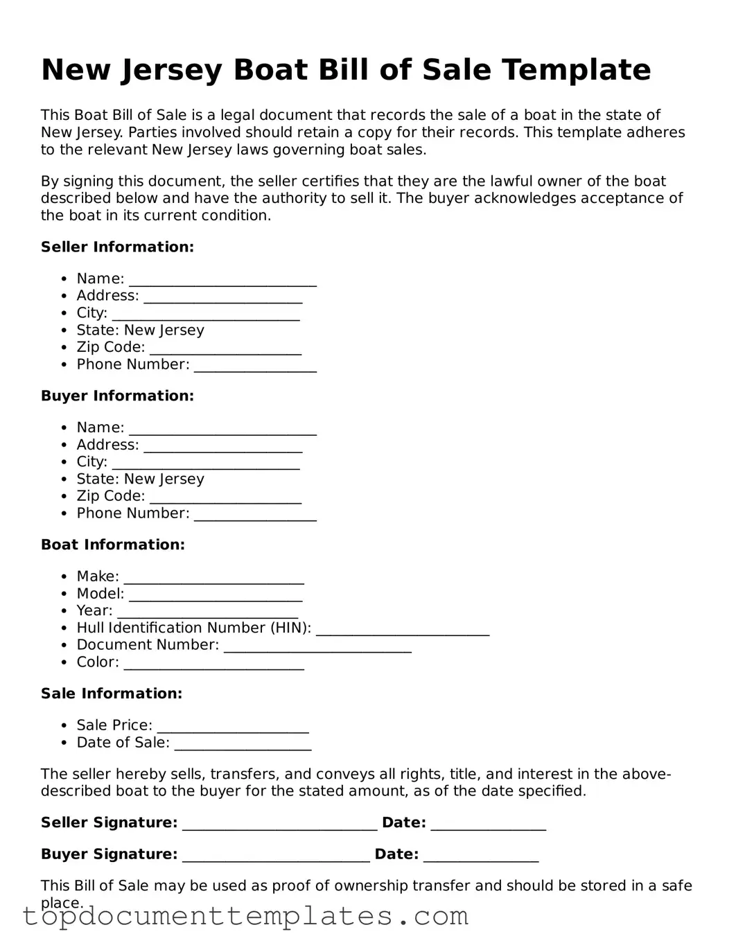 Valid Boat Bill of Sale Form for New Jersey State