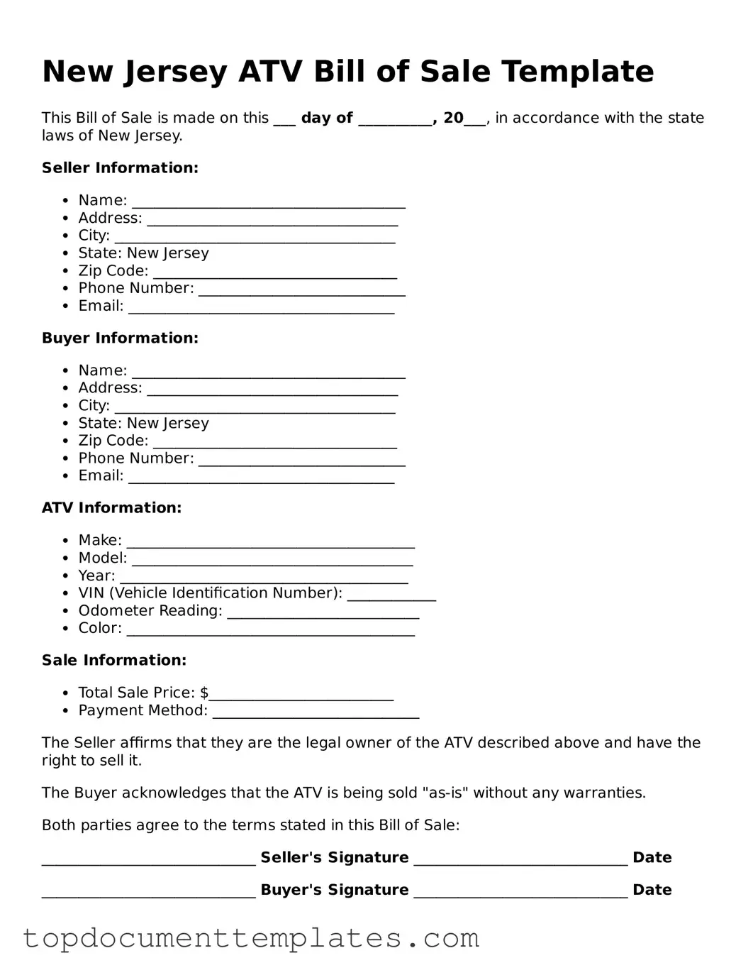 Valid ATV Bill of Sale Form for New Jersey State