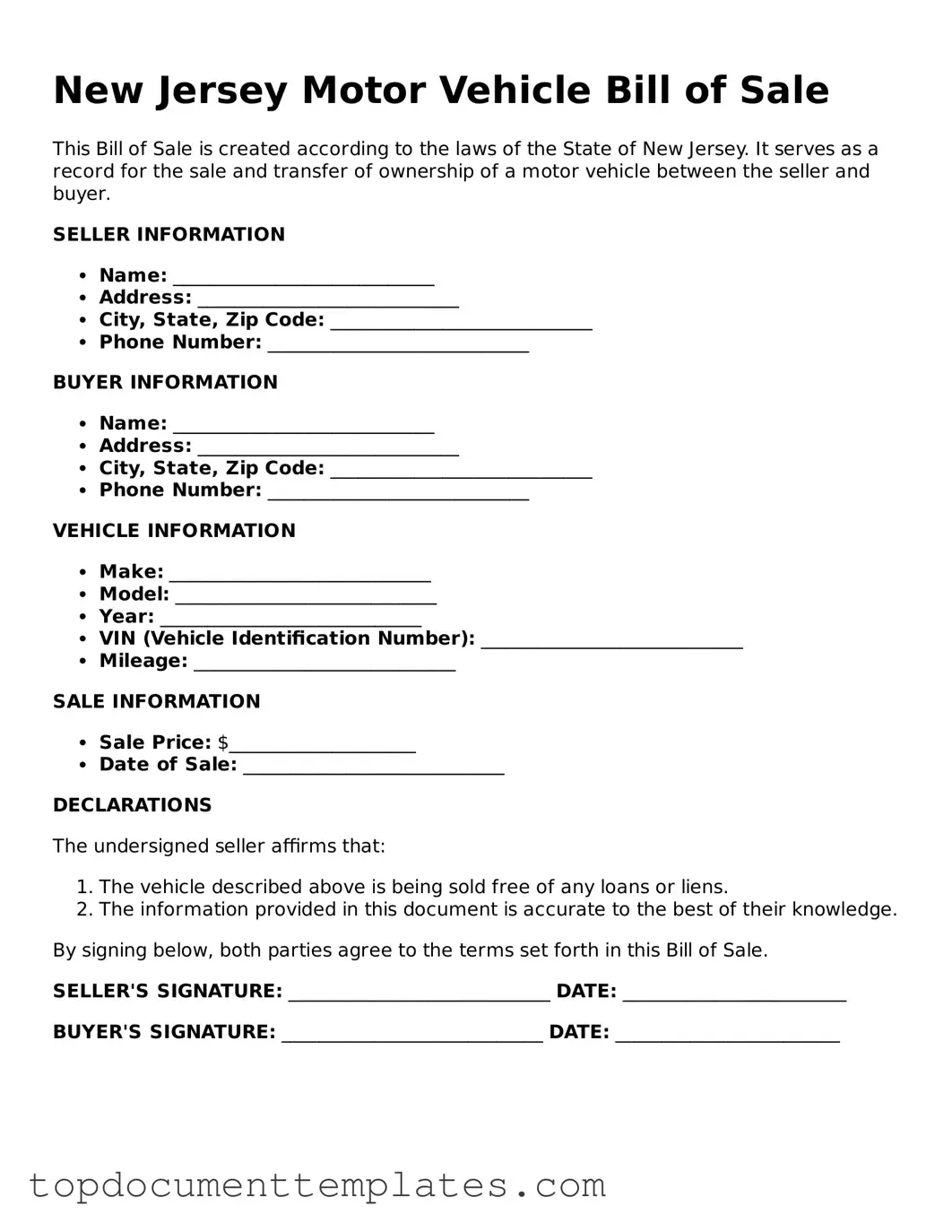Valid Motor Vehicle Bill of Sale Form for New Jersey State