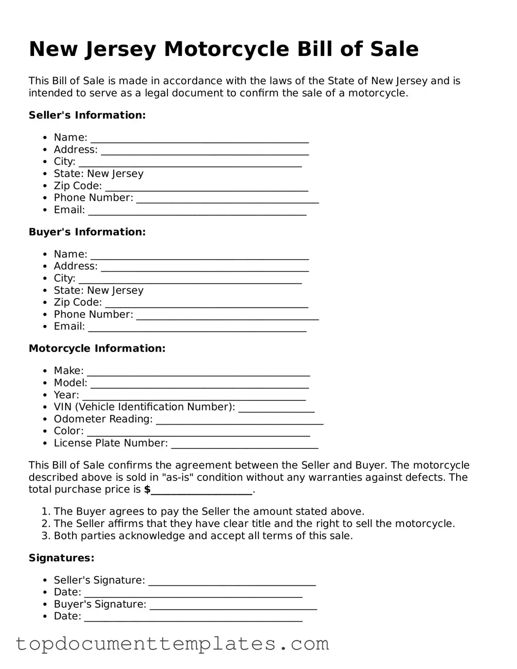 Valid Motorcycle Bill of Sale Form for New Jersey State