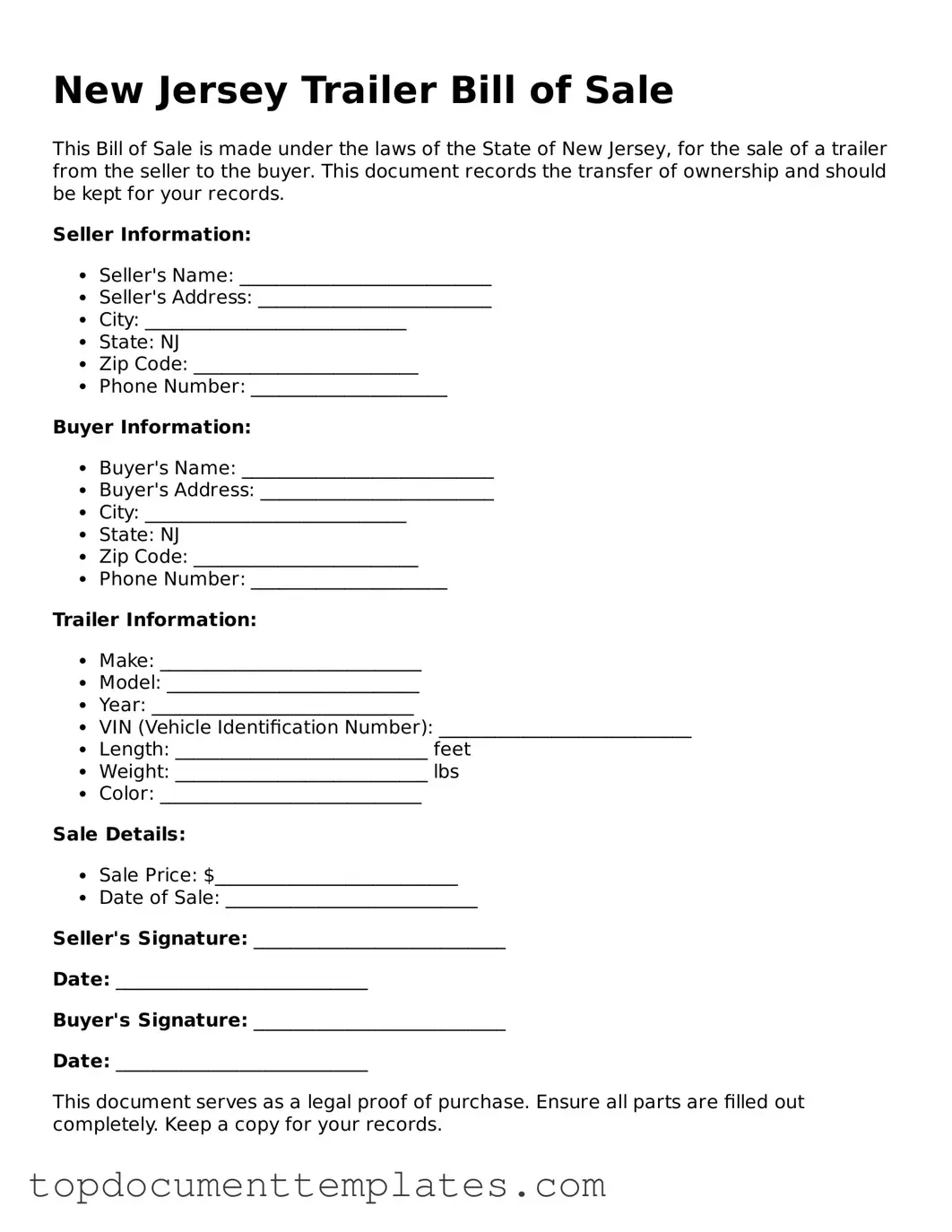 Valid Trailer Bill of Sale Form for New Jersey State